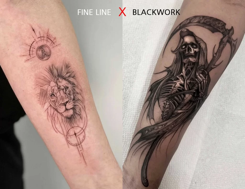 What to consider before getting a tattoo showing fine line vs blackwork tattoo styles comparison at Angeloop Ink Calgary