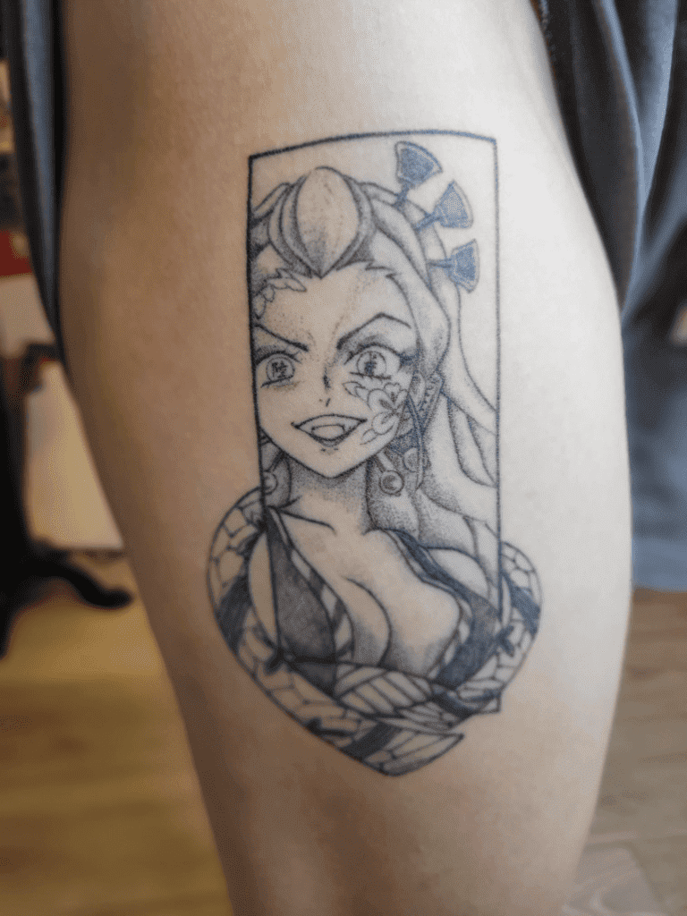 anime tattoo of Daki from demon slater on a females thigh