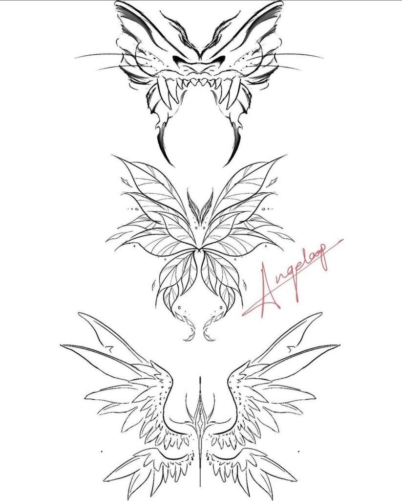 angel wings tattoo flash of 3 different ideas and types of wings
