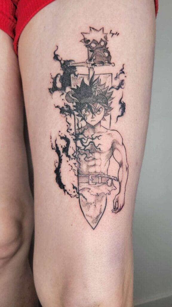 black clover tattoo of Asta on a thigh of a female