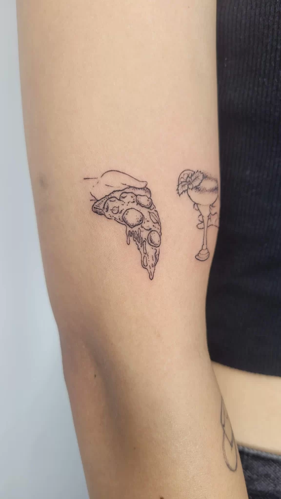 Toronto tiny tattoos of a pizza and a margarita drink on a females arm