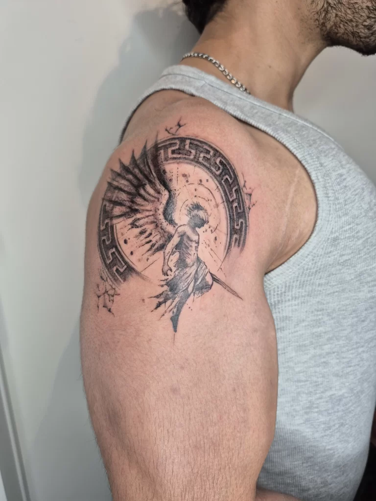 Detailed angel wing tattoo on the shoulder featuring a fallen angel design with Greek-inspired circular pattern.
