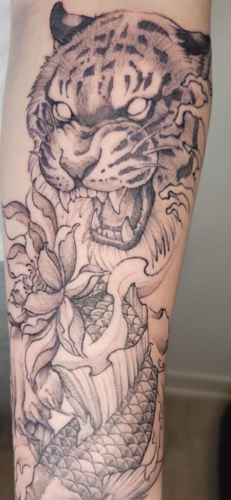 Tiger & Koi Fish Forearm Tattoo – Black and Grey Japanese Inspired Design