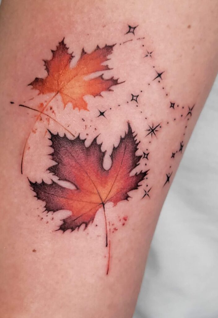 Watercolor Maple Leaf Tattoo – Fine Line Autumn Leaves Design