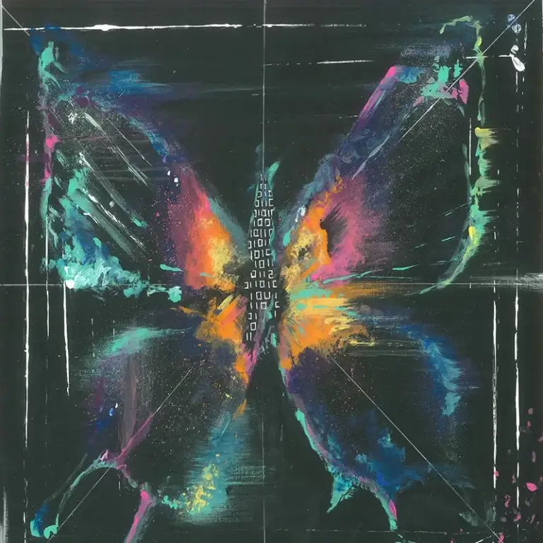 Abstract butterfly painting featuring vibrant cosmic colours and expressive acrylic textures created by Angeloop Ink Art Gallery in Calgary.