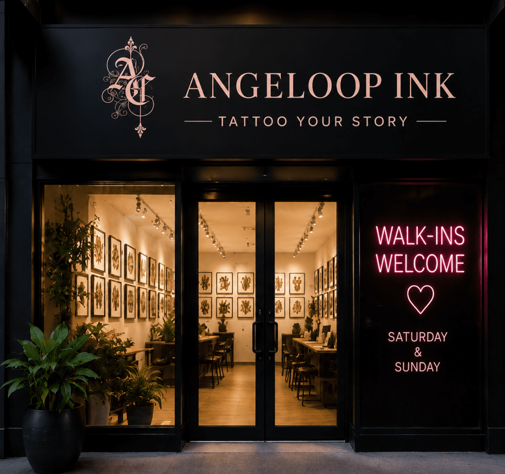 Client receiving fine line tattoo at Angeloop Ink Calgary walk in tattoo studio open weekends.
