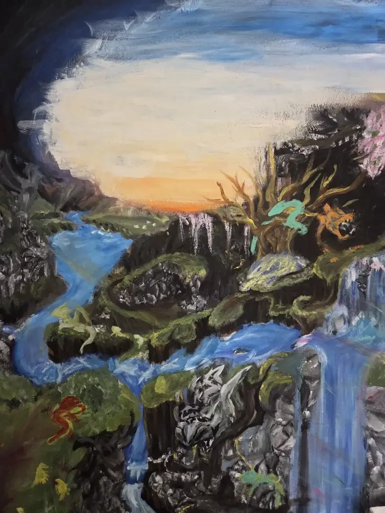 Fantasy landscape painting featuring waterfalls, rivers and dreamlike scenery created by Angeloop Ink Art Gallery in Calgary.