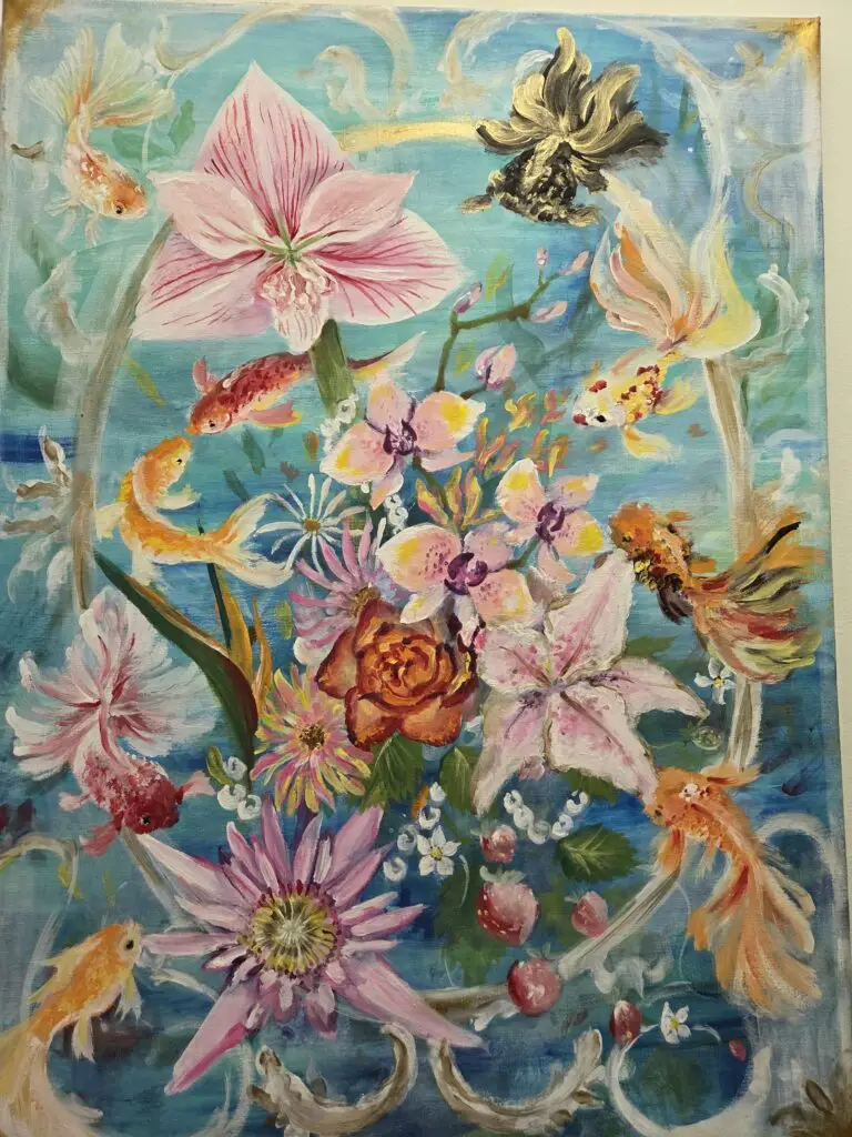 Fantasy floral painting featuring koi fish, orchids and botanical artwork created by Angeloop Ink Art Gallery in Calgary.