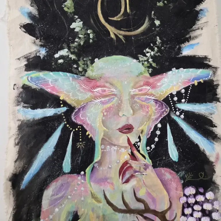 Surreal fantasy portrait painting featuring ethereal character artwork and dreamlike symbolism by Angeloop Ink Calgary.