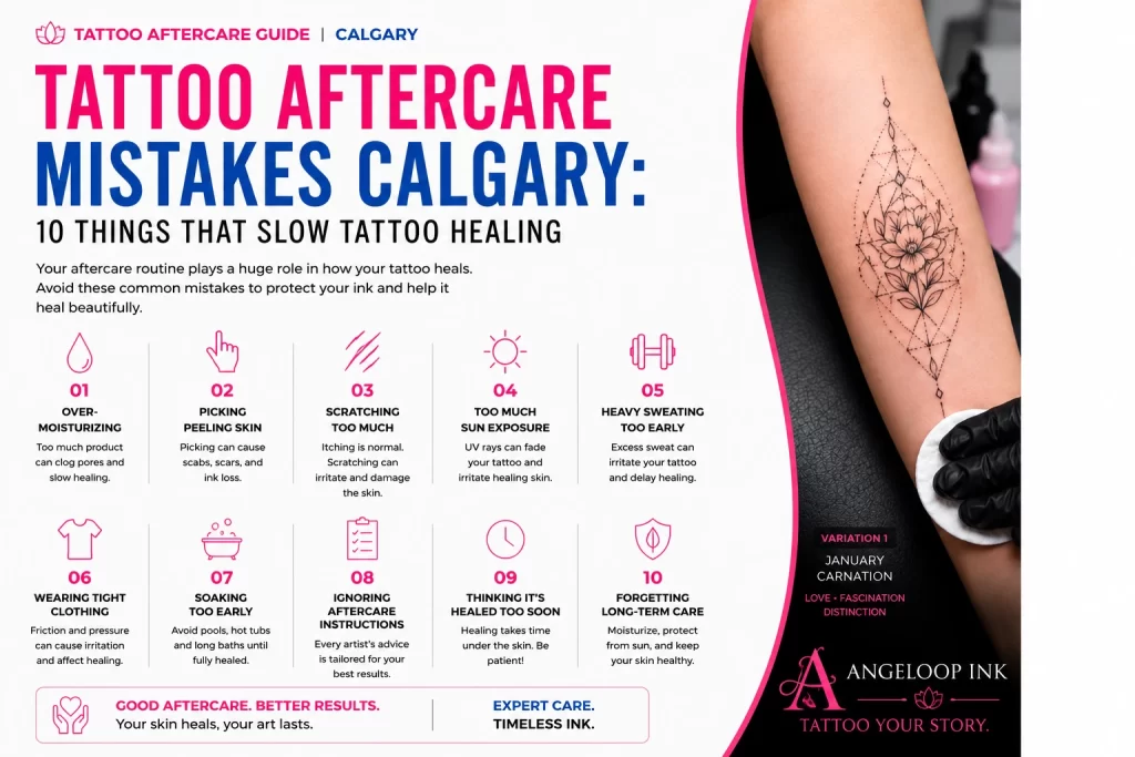 Tattoo aftercare mistakes guide showing common healing mistakes and tattoo recovery tips by Angeloop Ink Calgary.