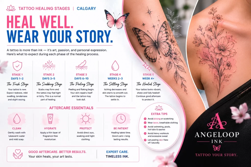 Tattoo healing process and aftercare guide at Angeloop Ink Tattoo Studio Calgary showing fine line tattoo recovery.